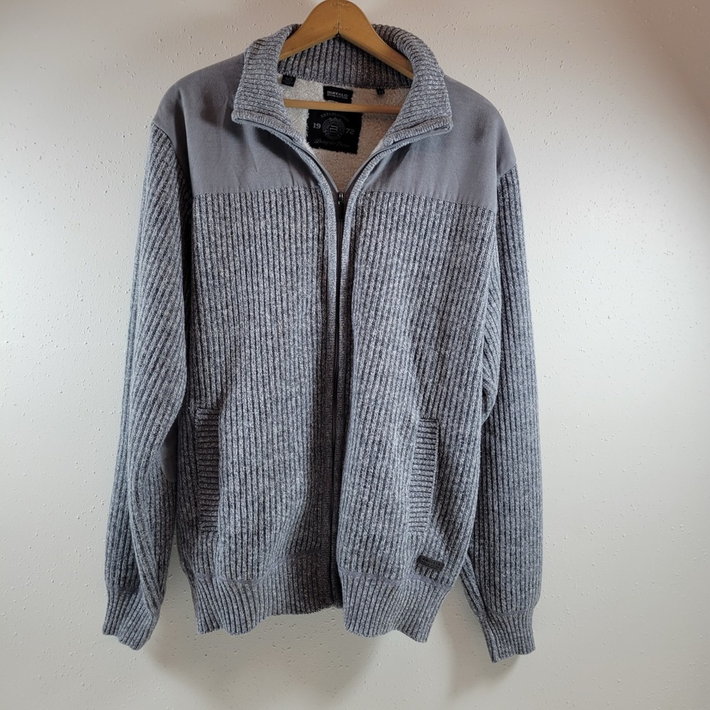 Buffalo David Bitton Full Zip Sweater Mens XL Grey Excellent Ribbed Elbow Patch